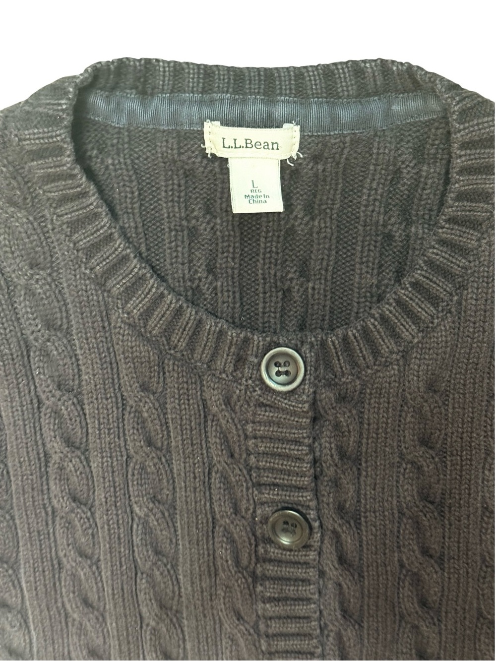 L.L.Bean Women’s L black 100% Cotton Cable Knit Cardigan Sweater - Picture 8 of 9
